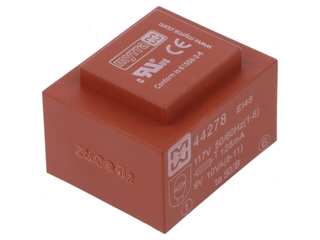 Transformator: ingegoten; 10VA; 117VAC; 9V; 1111mA; PCB Transformator: ingegoten; 10VA; 117VAC; 9V; 1111mA; PCB